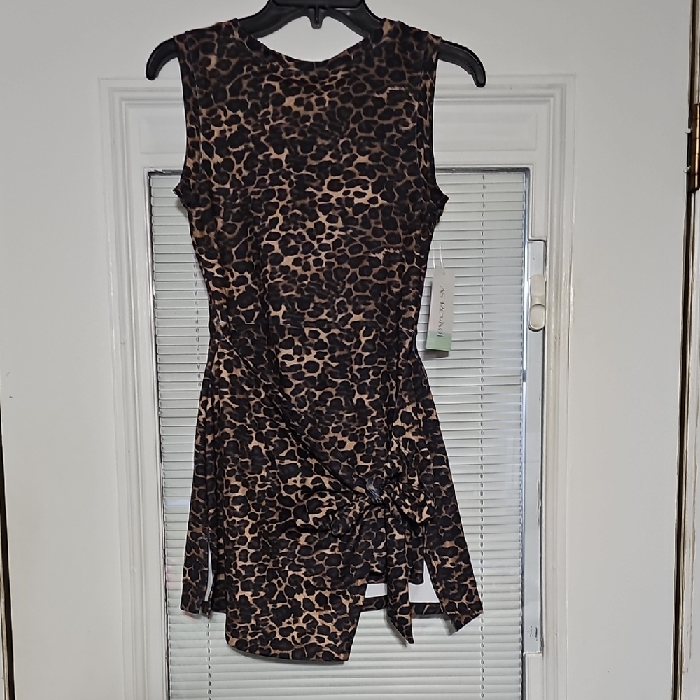 Sleeveless Leopard Print Mini Dress with Front Tie - Brown